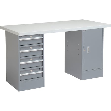 Global Industrial 60 x 24 Pedestal Workbench 4 Drawers & 1 Cabinet, Laminate Square Edge Gray 253778